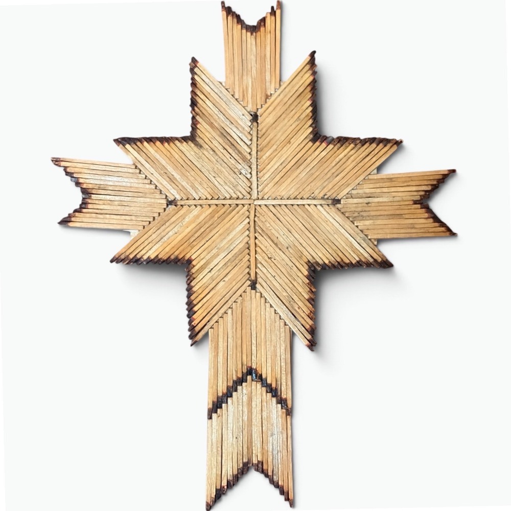 Vtg Matchstick Wood Cross Wall Art Handcrafted Folk Tramp Art Religious Decor